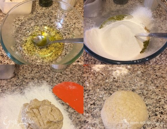 Тесто: в миске смешать кипяток, соль и масло. Добавить 100 г цельнозерновой муки и 1/2 стакана обычной муки и замесить тесто (если муки будет мало, то добавьте еще немного). Тесто накрыть и дать полежать 20–30 минут.