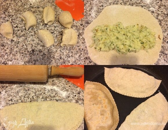 Спустя указанное время тесто разделить на шесть частей. Раскатать каждую часть теста, на одну половину выкладываем начинку и накрываем второй половиной. Обжариваем лепешки на сухой сковороде с двух сторон.