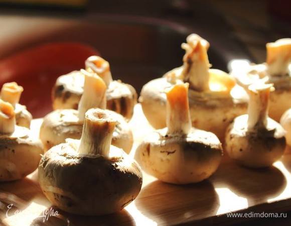 Пока печется рулет, приготовить начинку: грибы и лук пожарить на растительном масле, посолить и поперчить.