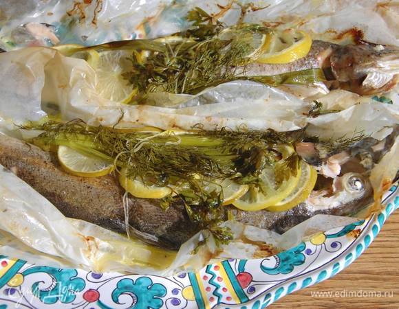 Каждую тушку форели завернуть в бумагу для выпечки, скрепить так, чтобы получился конверт, и запекать в разогретой духовке 20 минут.