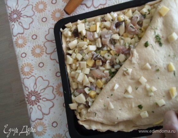 Достать тесто из холодильника, разделить на две части, раскатать два пласта высотой 1 см. Выложить на лист один слой, на него — начинку, сверху — другой слой, защипнуть края и накрыть куриной кожей. Отправить в предварительно разогретую до 180°C духовку. Кожу посолить. Выпекать при температуре 180°C до образования золотистой корочки и на куриной коже, и на пироге. Кожу можно выбросить, а можно съесть (напоминает чипсы), ее жир дает корочке пирога душистость и сочность.