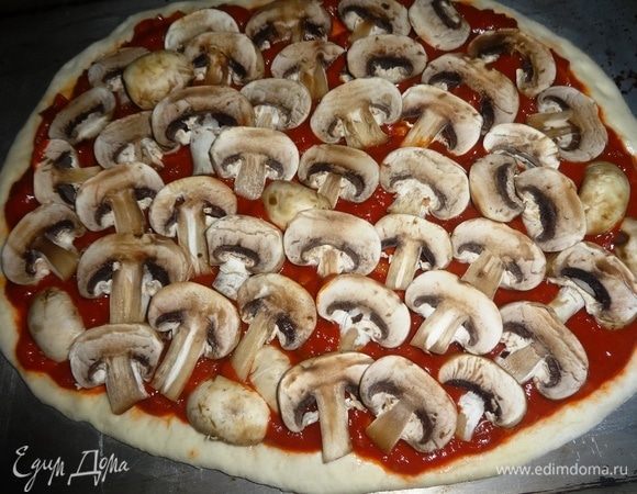 На соус выложить пластины шампиньонов.