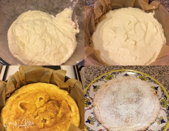 Форму для выпечки (у меня диаметр 20 см, но лучше брать меньше, тогда запеканка будет высокой) застелить пергаментом, переложить творожную массу в форму и разровнять. Выпекать запеканку 40–45 минут (ориентируйтесь по своей духовке).