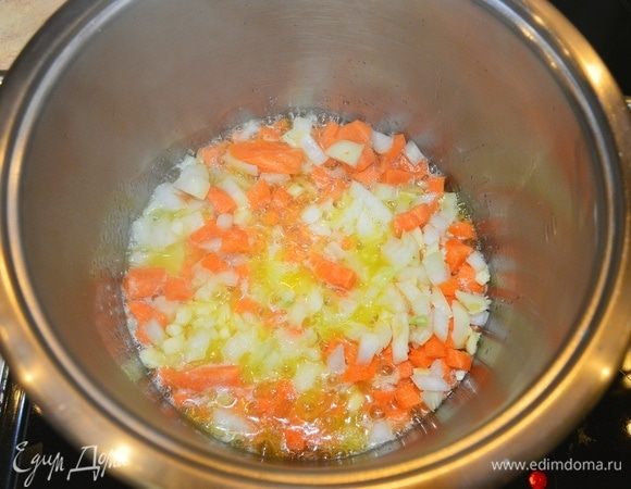 В разогретую кастрюлю с маслом добавить лук, чеснок, морковь, перемешать, тушить несколько минут.