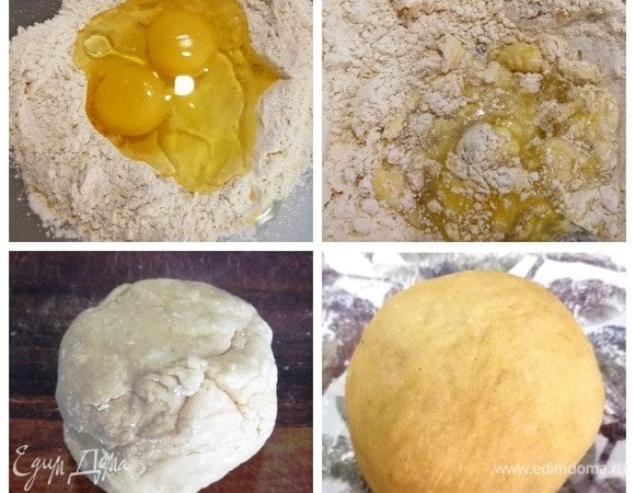 Тесто делаем на основе желтков. В муку, смешанную с солью, добавляем желтки и оливковое масло. Замешиваем довольно тугое тесто. Тесто оборачиваем пищевой пленкой и оставляем на 30 минут, за это время оно станет довольно податливым.