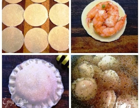 Тесто раскатываем очень тонко и вырезаем одинаковые заготовки. На кругляшок выкладываем 2 креветки, накрываем второй заготовкой и скрепляем края. Варим равиоли в кипящей подсоленной воде с добавлением прованских трав буквально 5 минут.