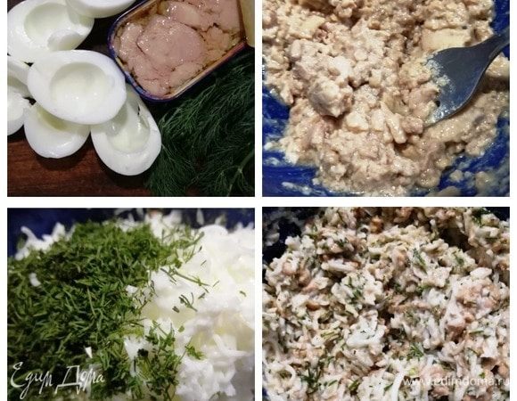 Для первой начинки откроем баночку печени трески ТМ «Магуро», возьмем белки яиц, укроп. Из печени трески сольем масло (и сохраним его), разомнем печень вилкой, добавим натертые на мелкой терке белки и нарезанный укроп, смешаем до однородности. Посолим и поперчим по вкусу.