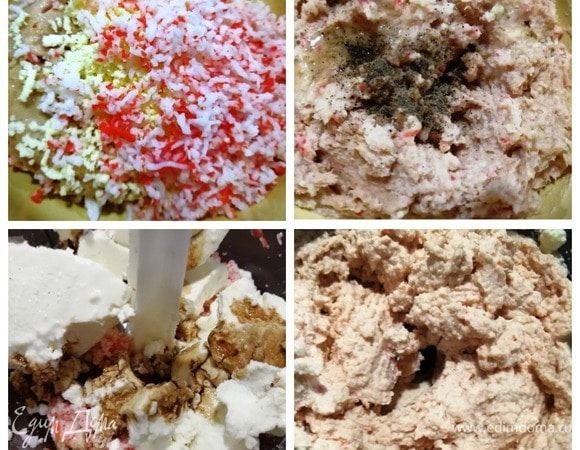 Вторая начинка: паштет из тунца ТМ «Магуро», 2 натертые на мелкой терке крабовые палочки, желтки яиц, 1 ч. л. масла от печени трески. Солим и перчим по вкусу. Третья начинка: рикотта, смешанная с оставшимися крабовыми палочками, оставшимся маслом от печени трески, бальзамическим кремом, солью и перцем.