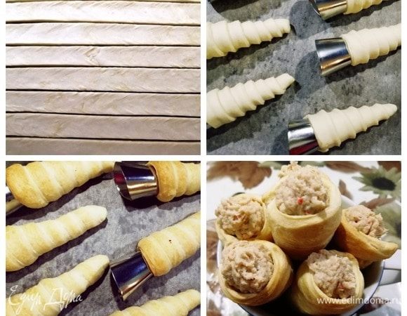 У нас остались тесто и начинка. Оставшееся тесто раскатываем и оборачиваем конусом вокруг металлических форм. Выпекаем при 220°С в течение 8–10 минут. Остужаем и начиняем оставшимися начинками из печени трески и паштета из тунца.