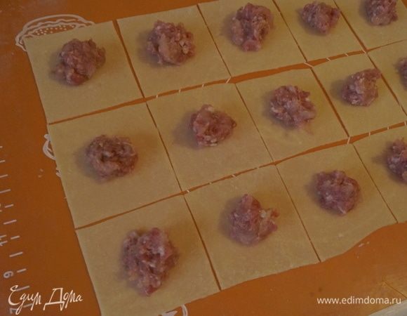 Для фарша: добавить в фарш соль, перец и измельченный лук. Тщательно перемешать. Отрезать кусочек теста и раскатать его в тонкий пласт толщиной 1–2 мм. Нарезать тесто на квадраты. На середину квадратиков выложить немного фарша.