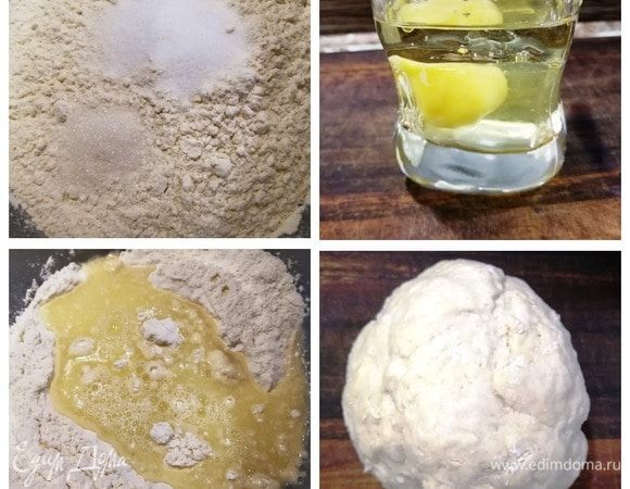 Начнем с приготовления теста. Муку смешаем с солью. Смешаем растительное масло и яйцо, добавим в муку вместе с водой. Замешиваем немного липнущее к рукам тесто. Муки добавим еще при раскатывании теста. Накрываем и оставляем тесто, пока занимаемся начинкой.