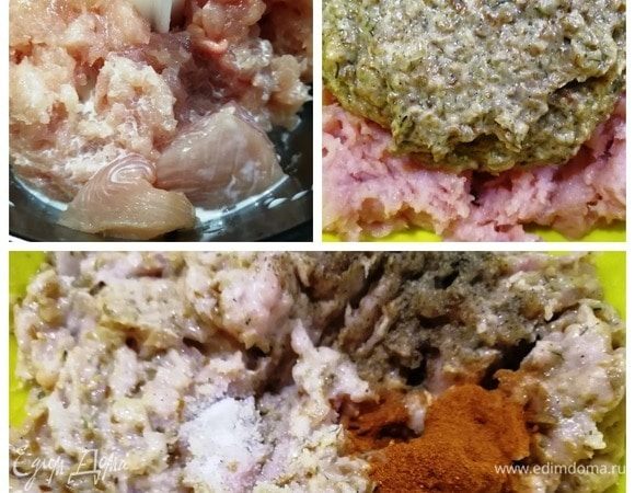 Куриное филе измельчаем, добавляем молоко. Выкладываем грибную часть к куриной, перемешиваем. Солим и перчим по вкусу.