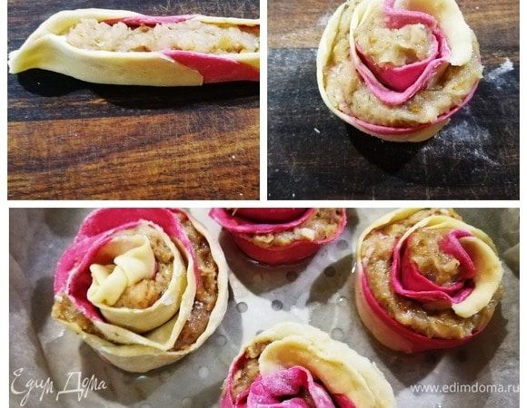 Края защипываем, серединку приподнимаем и сворачиваем рулетом. Получились розочки, которые мы будем варить на пару в течение 20 минут.