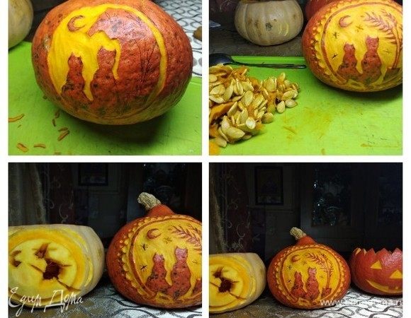 Немного о том, как вырезать рисунок на тыкве. Тыкву вымыть, высушить, нанести ручкой рисунок, какой вы задумали. Срезаем верхние крышки по прямой линии или треугольником. Если задуман рисунок, как у меня, с котами, то прорезаем тыкву с протвоположной стороны. Удаляем семечки. Тонким острым ножом начинаем вырезать наш рисунок, отделяя шкурку тыквы от основы мякоти. Старайтесь сделать это как можно ровнее. Удобнее будет работать, конечно, специальными ножами для карвинга. Детали, которые вырезаются насквозь под углом, лучше вырезать, тогда при зажигании внутри тыквы свечи будет красивый переход цвета и объем.