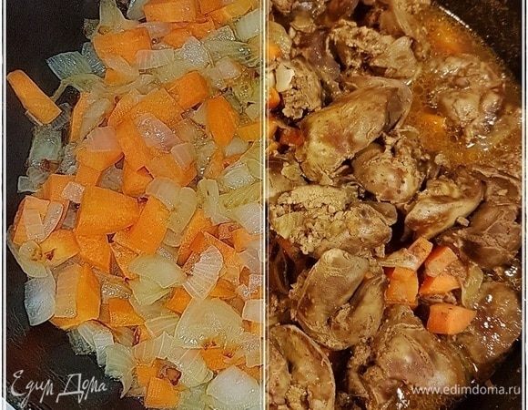 Потом начинаем паштет готовить. Допустим, из полкило печенки обработанной. Одну луковицу порубите средненько. Луковку берите среднего размера. Но тут дело вкуса. Кому лук нравится, возьмите покрупнее. Морковку хорошо бы взять, конечно, такую раннелетнюю, сладкую. В общем, выбирайте посочнее и повкуснее. Режем ее кубиками. Кубики можно и поменьше сделать. Сначала, как водится, на сковороде растопить масла топленого, которое коровье, пару ложек. Немного смягчить лук и добавить в сковороду морковь. На несильном огне, чтобы не подгорело, тушить лук и морковь практически до готовности. И печенку в сковородку выложить. Сначала слегка обжарить. А потом, уменьшив огонь, постоянно, но очень деликатно перемешивая, тушить до «безпятиминутготово» (это о печени). Времени, кстати, это займет совсем мало. Вот тут стоит и присолить и специй-приправ добавить. Каких и сколько — решайте сами. Ароматы, острота и т. п. — это, правда, дело вкуса и личных пристрастий.