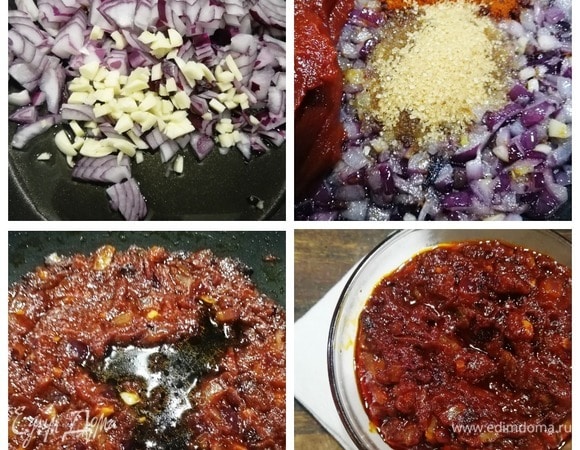 Пока охлаждается фарш, приготовим соус. Лук и чеснок обжариваем в небольшом количестве оливкового масла около 3 минут. Всыпаем сахар, копченую паприку и добавляем томатную пасту. Обжариваем несколько минут все вместе. Вливаем бальзамический соус, перемешиваем и оставляем на плите буквально на 1 минуту. Готовый соус охлаждаем.