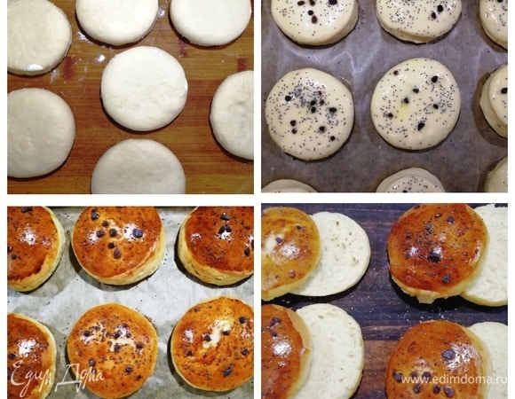 Тесто для булочек подошло. Раскатываем его толщиной около 1 см и вырезаем круглые заготовки. Переносим на противень, оставляем минут на 10. Затем смазываем булочки взбитым яйцом. Верх я посыпала маком и черной солью. Выпекаем 15–18 минут при температуре 200⁰С. Охлаждаем булочки и разрезаем пополам.