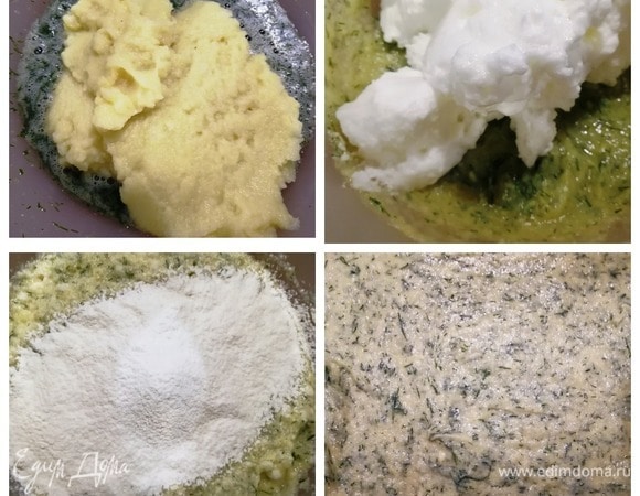 Отваренную цветную капусту остужаем, пюрируем блендером, добавляем к массе из желтков. Перемешиваем и добавляем белки. Белки аккуратно вводим лопаточкой. Осталось просеять муку и смешать тесто. Противень застилаем пергаментной бумагой, смазываем растительным маслом и распределяем тесто для коржа. Выпекаем 20 минут при температуре 200⁰С. Во время выпечки корж должен остаться светлым.