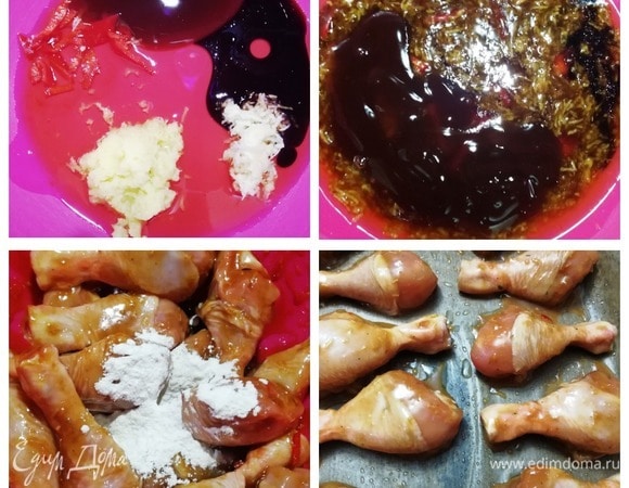 Подготовим маринад для курицы. Смешаем кунжутное масло, чили, соевый соус, соус терияки, чеснок и имбирь. Добавим кленовый сироп (можете добавить мед). Хорошо перемешаем, попробуем на соль и сахар, сбалансируем вкус. Выкладываем голени в маринад, засыпаем крахмал. Перемешиваем и оставляем на 30–60 минут мариноваться. Затем выкладываем голени на противень. Маринад оставляем. Запекаем в духовке при 200⁰С в течение 40–50 минут. За это время смазываем голени остатками маринада 3 раза.