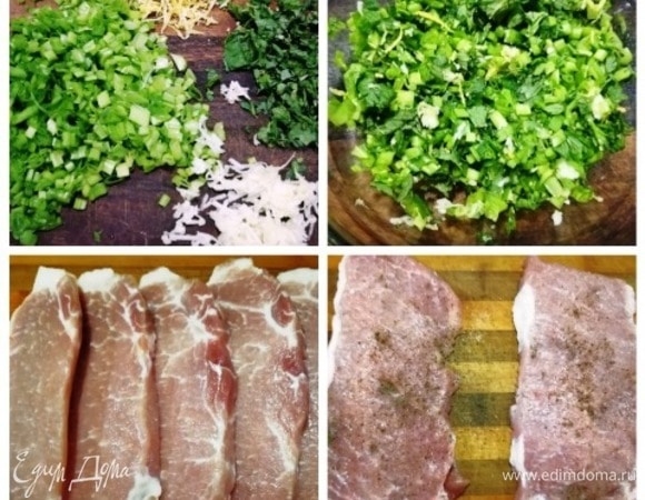 Приготовим гремолату, для чего нарежем зеленый лук и мяту, натрем чеснок и снимем цедру с половины лимона. Перемешаем. Свинину нарежем, уберем лишний жир. Отбиваем и солим, перчим с одной стороны.