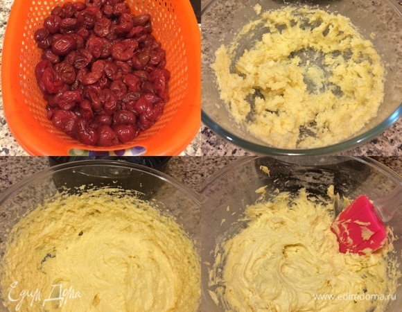Все продукты должны быть комнатной температуры. Духовку нагреть до 180°C. Из вишни достать косточки и откинуть на дуршлаг. В миске взбить масло с сахаром и ванильным сахаром. Затем добавить яйца по одному и хорошо взбить. Муку просеять с разрыхлителем и солью. В яично-масляную массу добавить муку и хорошо взбить.