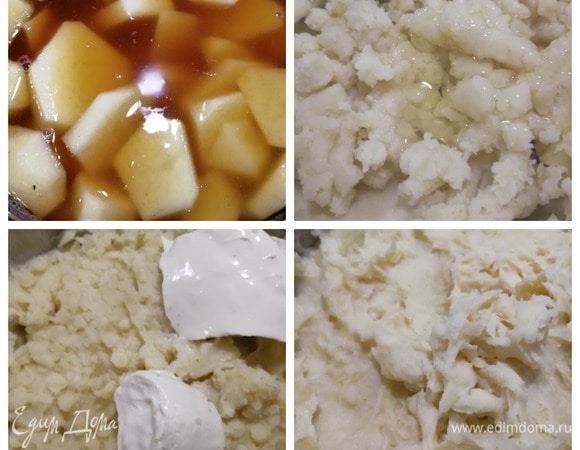 Нарезаем картофель пластинами, заливаем грибной жидкостью и добавляем нужное количество воды (чтобы картофель был покрыт ею). Солим и перчим, отвариваем картофель 15–20 минут. Сливаем жидкость из картофеля, разминаем. Добавляем белок 1 яйца, разминаем все вместе. Добавляем 2 ст. л. плавленого сыра и перемешиваем. Я перекладываю картофельное пюре в кулинарный мешок, но можете выкладывать его ложкой.