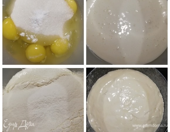 Начнем с легкого бисквита. Разбиваем 4 яйца, всыпаем 200 г сахара, ванилин, щепотку соли и смешиваем миксером 5–8 минут до увеличения объема в 2,5 раза. Просеиваем муку и вмешиваем ее аккуратно силиконовой лопаткой снизу-вверх. Форму для выпечки смазываем сливочным маслом, посыпаем мукой и стряхиваем излишки. Перекладываем тесто в форму и запекаем 30–35 минут при 180°С.