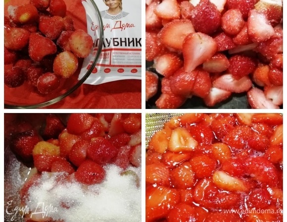 Клубнику ТМ «Планета витаминов» не размораживая нарезаем на 2–4 части. Кладем в сотейник, всыпаем сахар и провариваем 5 минут. Откидываем ягоду на дуршлаг, сохраняя сироп (им будем пропитывать коржи).
