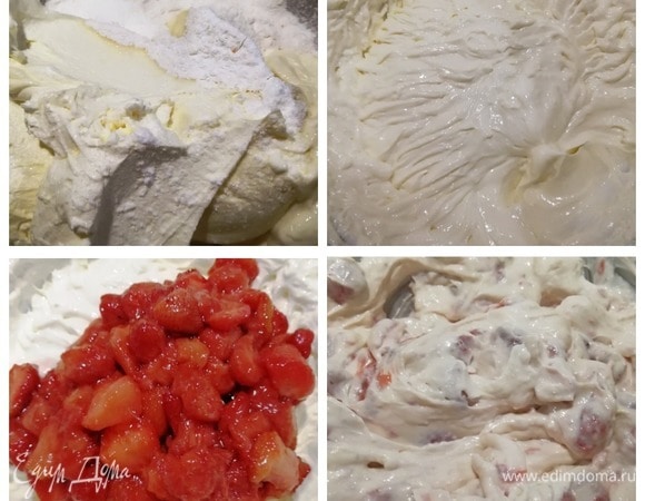 Для крема смешиваем творожный сыр, ванилин, сливки и сахарную пудру миксером до однородности. Выкладываем клубнику ТМ «Планета витаминов» (несколько ягод оставляем) и перемешиваем. Крем готов, убираем его в холодильник.