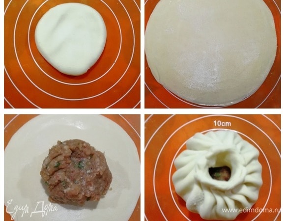 Тесто делим на одинаковые заготовки, приминаем рукой и раскатываем в круг, края смачиваем водой. В центр кладем фарш и защипываем края по принципу хинкали, но оставляем серединку открытой. Очень важно держать заготовки под крышкой, так как тесто на крахмале быстро сохнет.