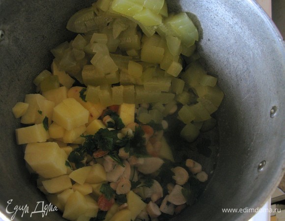 Загружаем их в кастрюлю и заливаем бульоном, варим до готовности 30 минут. Важно засыпать все в холодный бульон, а тыкву бросать в самом конце, чтоб она не успела развариться, а осталась цельной.