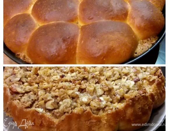 Выпекать в заранее разогретой до 200°C духовке 15–20 минут. Проверка сухой палочкой подскажет о готовности булочек. Дать 10 минут остыть и еще горячими аккуратно перевернуть на блюдо.