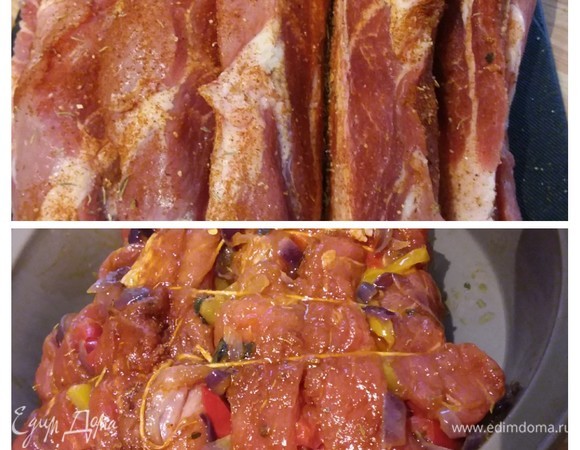 Половиной смеси специй приправить мясо изнутри. Тщательно втереть специи в мясо. Наполнить начинкой из тушеных овощей. Связать мясо пищевым канатиком в цельный кусок. Смазать оливковым маслом и посыпать со всех сторон оставшейся смесью специй. Выложить мясо в форму для запекания. Духовку разогреть до 230°C и запекать мясо при этой температуре 30 минут, затем снизить температуру до 160°C и продолжить готовку еще 2 часа 30 минут.