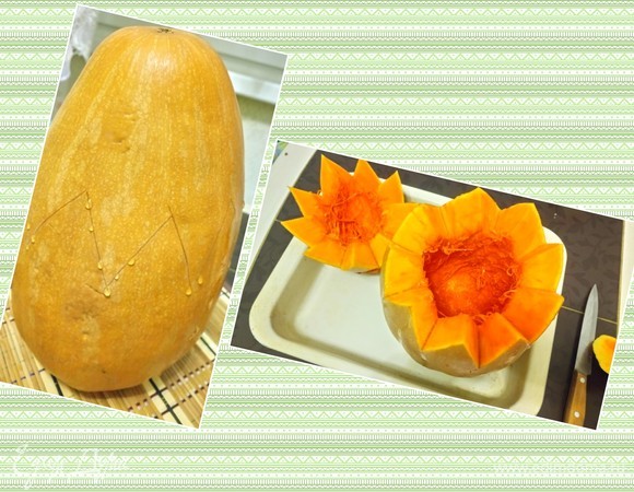 На тыкве среднего размера делаем зигзагообразные надрезы и прорезаем е по надрезам для того, чтобы получить форму цветка. Снимаем верхушку и вычищаем семена руками.