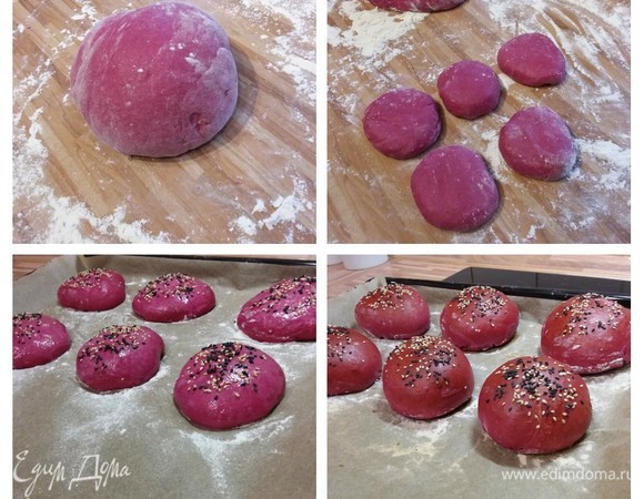 Утром вынуть тесто на час для акклиматизации. Тесто довольно мягкое и липкое, в отличие от обычного дрожжевого теста. Поэтому необходимо рабочую поверхность хорошо посыпать мукой и тесто обмять. Разделить на равные части (у меня получилось 11 булочек), сформировать булочки, выложить на противень, покрытый пергаментной бумагой, и накрыть полотенцем. Отправить на расстойку в теплое место (у меня нагретая до 25°C духовка) на 45 минут. Затем смазать булочки белком и посыпать кунжутом. Выпекать в заранее разогретой до 200°C духовке 15 минут. По настоящему расти булочки начинают уже в духовке — это особенность холодной расстойки. Готовность подскажет тест на «сухую палочку».