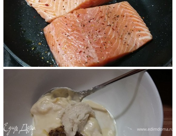 Для бургера лосось посолить и поперчить, сбрызнуть соком лимона и запечь в заранее разогретой до 160°C духовке 20 минут. Соединить ингредиенты для соуса. Чтобы соус не оказался слишком густым, я добавляю немного сливок или молока (сливки не указаны в ингредиентах). Нарезать салатные листья произвольно, помидоры и лук — тонкими кольцами. Пожарить яичницу-глазунью.