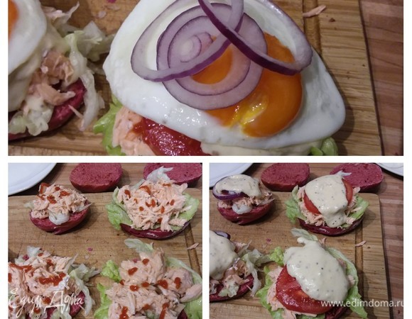 Собираем бургер. Бриошь разрезать пополам, подсушить с внутренней стороны в тостере или на сухой сковороде. На нижнюю часть булочки выложить салат. Вилками разобрать лосось на кусочки и выложить их на салат. Полить соусом чили. Соус можно использовать сладкий или острый (на ваш вкус). Выложить лук и помидор. Сверху — майонезный соус, на соус — яичницу. Ее нужно выкладывать аккуратно, чтобы не повредить желток. Немного укропа. Завершает композицию верхняя часть булочки.