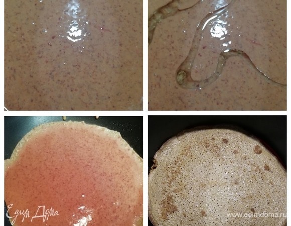 Тщательно перемешиваем тесто. Оно получается чуть гуще блинного. Добавляем растительное масло и еще раз перемешиваем. На раскаленной сковороде жарим тоненькие блинчики.