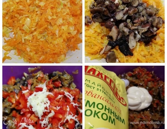 Пока блинчики остывают, приготовим начинку. Обжарим лук с морковкой, добавим к ним размороженные грибы, жарим до готовности грибов. Солим и перчим. Немного остужаем, добавляем болгарский перец, чеснок и майонез с лимонным соком ТМ «Махеввъ». Перемешиваем.