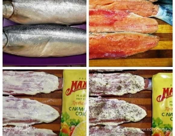 Я взяла 2 небольшие рыбки гольца общим весом 600 г. Разделываем рыбу на филе. Смазываем каждое филе майонезом с лимонным соком ТМ «МахеевЪ», солим и перчим, посыпаем семенами фенхеля. Оставим рыбу на несколько минут мариноваться, пока занимаемся овощным маринадом.