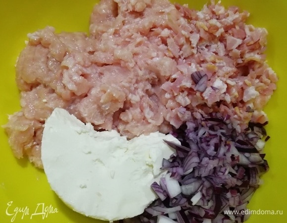 Пока отдыхает тесто, приготовим начинку для пасты. Куриные грудки измельчаем в мясорубке с крупной насадкой, сырокопченый бекон и красный лук мелко нарезаем, добавляем творожный сыр.