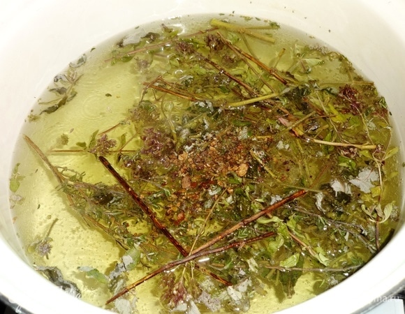 Воду для отвара подогреть, но не кипятить. Положить травы и специи. Довести до кипения. Кипятить на медленном огне под крышкой 5 минут.