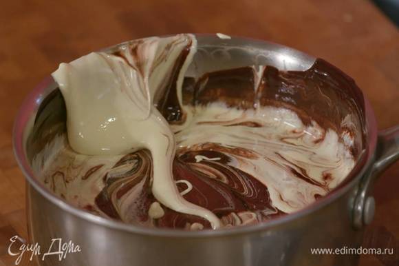 Растопленный шоколад с маслом снять с огня и, помешивая лопаткой, слегка остудить, затем, продолжая помешивать, ввести желтково-сахарную массу.