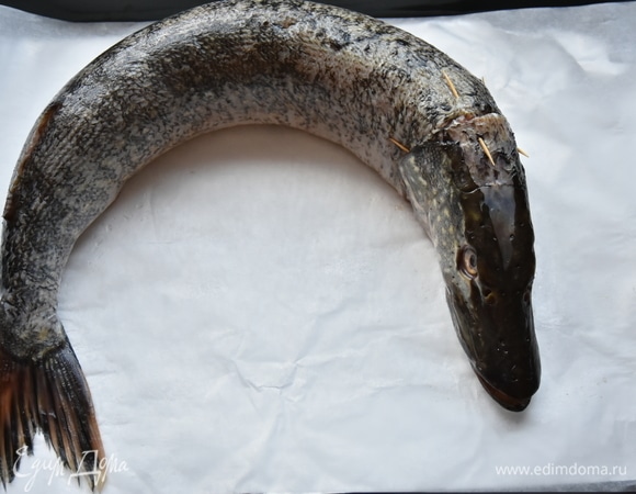 Рыбу смазать растительным маслом, выложить на противень, застеленный сначала фольгой, а затем — пергаментной бумагой. Запекать рыбу в духовке, разогретой до 180°C, в течение 60–70 минут.