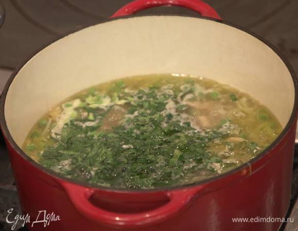  В готовый суп добавить зелень и сок лимона.
