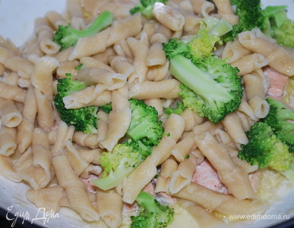 Готовую пасту с брокколи перемешиваем и прогреваем с соусом. Кладем свежий базилик по желанию.