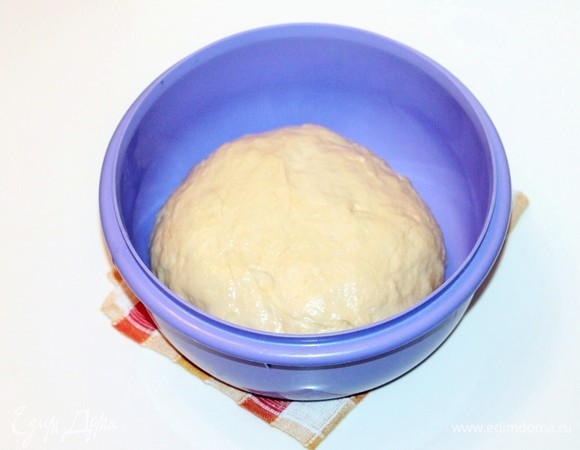 Собираем тесто в ком. Смазываем чистую миску растительным маслом (0,5 ст. л.) и кладем тесто, проворачиваем его так, чтобы тесто смазалось маслом. Накрываем миску с тестом пленкой и убираем в теплое место для подъема в 2,5 раза. Если нет времени готовить, тогда накрытое тесто держите минут 20 на столе, а затем убираете в холодильник, а утром даете тесту прогреться минут 30 и начинаете готовить пироги. У меня как раз «ночное» тесто.