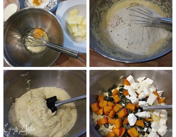 Для теста смешать в миске сухие ингредиенты. Отдельно взбить яйцо с сахаром и размягченным сливочным маслом. В два приема, вливая поочередно молоко и добавляя муку, замесить тесто. Добавить 2/3 от общего количества тыквенных семечек и кубиков тыквы, всю фету и листики тимьяна. Аккуратно перемешать.