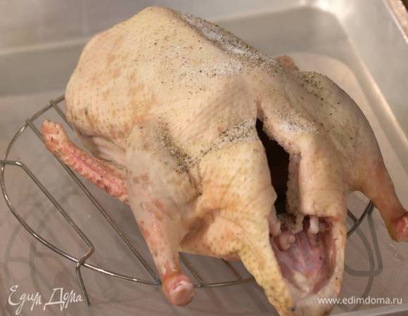 Поместить в большой глубокий противень решетку на ножках и выложить на нее утку, так чтобы лишний жир стекал на противень.