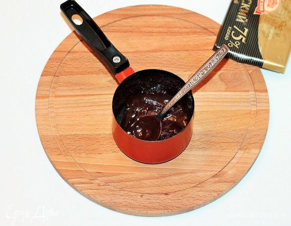 Чтобы украсить рулет, доводим 2 ст. л. молока до кипения и растопим в нем кусочки шоколада.